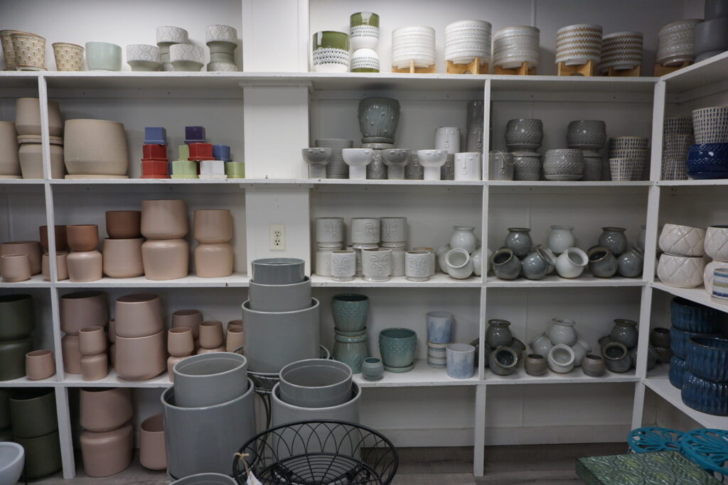 shelves of various planters