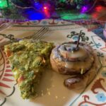 Cinnamon roll and vegan quiche