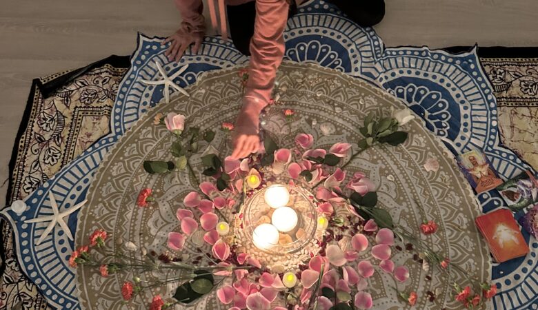 Rose petal and candle altar