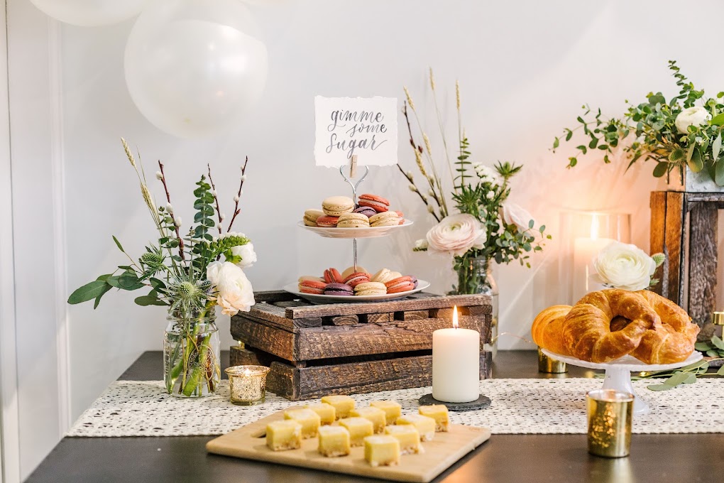 Table set up with flowers and food