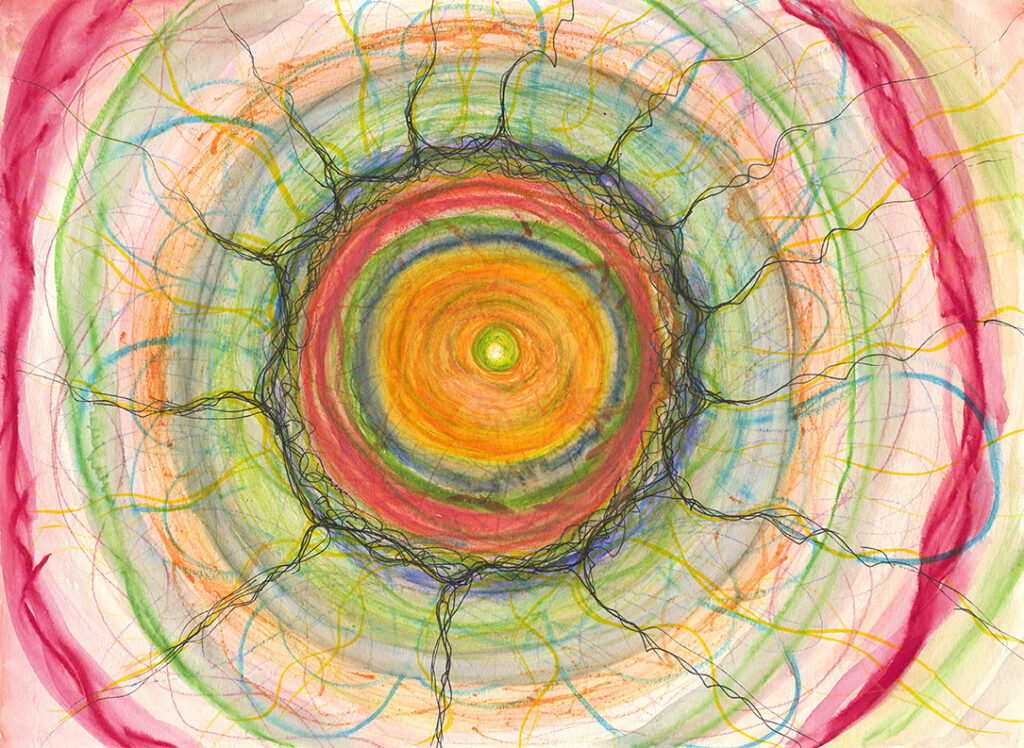circular lines with red, green, orange, yellow, and black pen