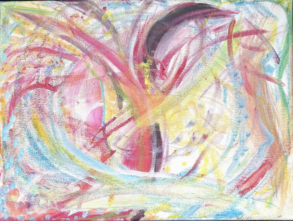 Multicolored abstract painting of woman spirit dancing. Blues, whites, yellow, red, pink, orange.